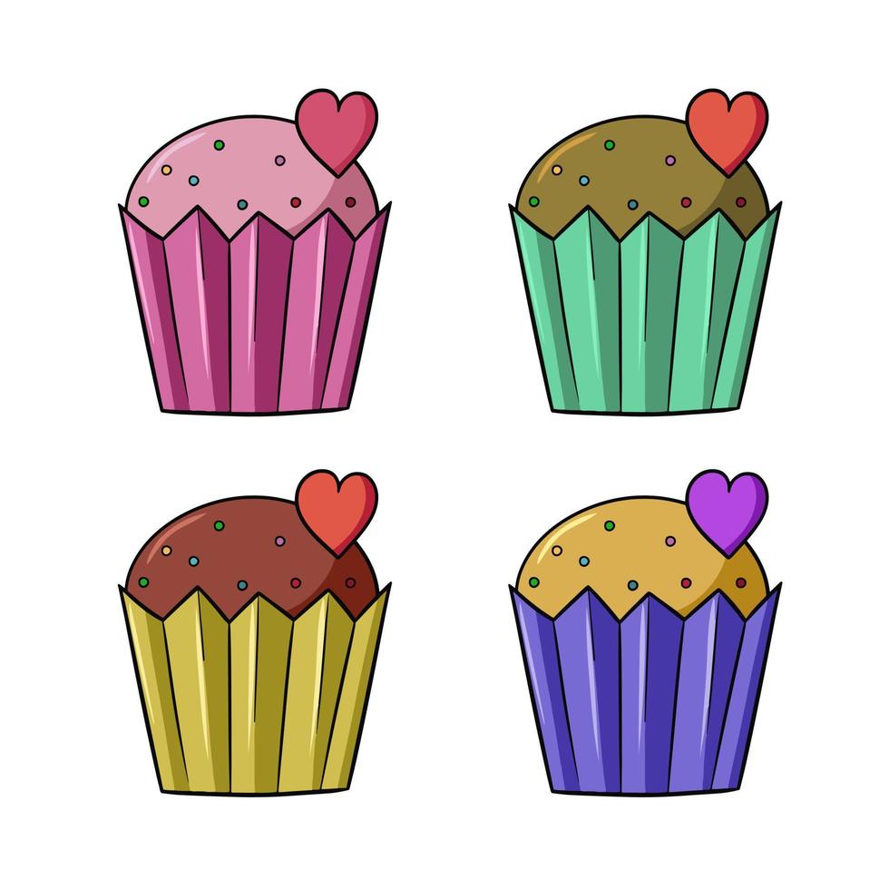 A set of colored icons, a delicious cupcake with powdered sugar and a heart in a paper cup, a vector illustration in cartoon style on a white background