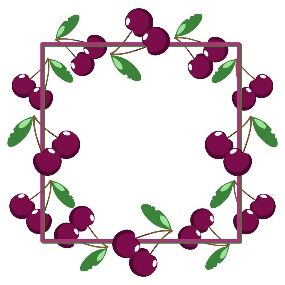 Square frame, bright burgundy juicy cherry berries with leaves, copy space, vector illustration in cartoon style on a white background