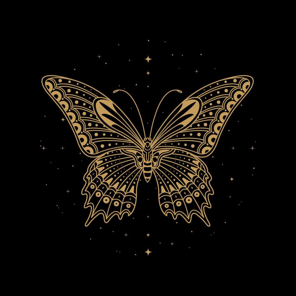 Gold butterflies with light effect on black background Stock Vector