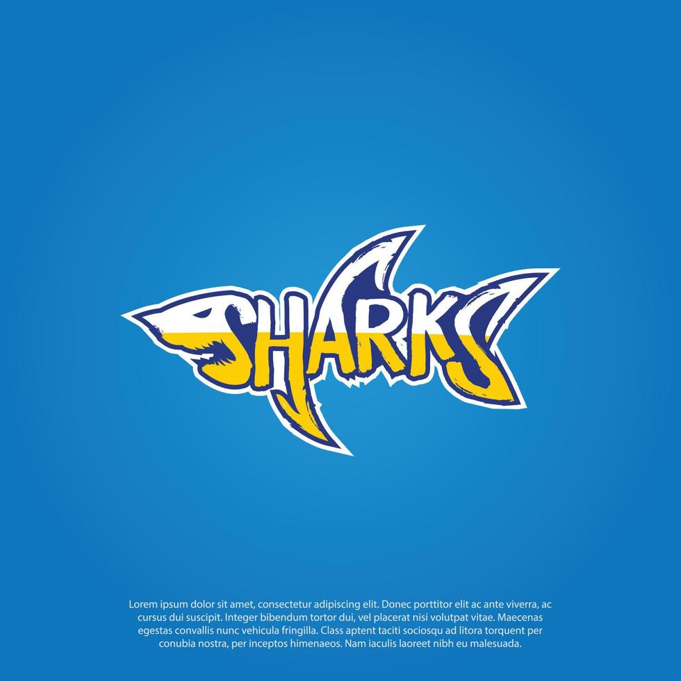 Stylized word shark in shape of shark. Design logo for card, poster, holiday cover, web banner template lettering typography. Vector illustration.