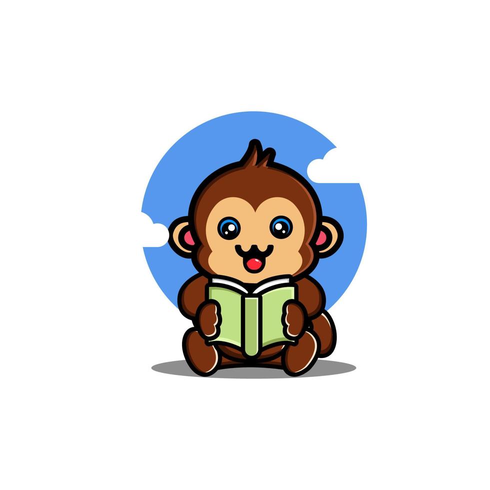 Cute monkey reading book cartoon icon illustration vector