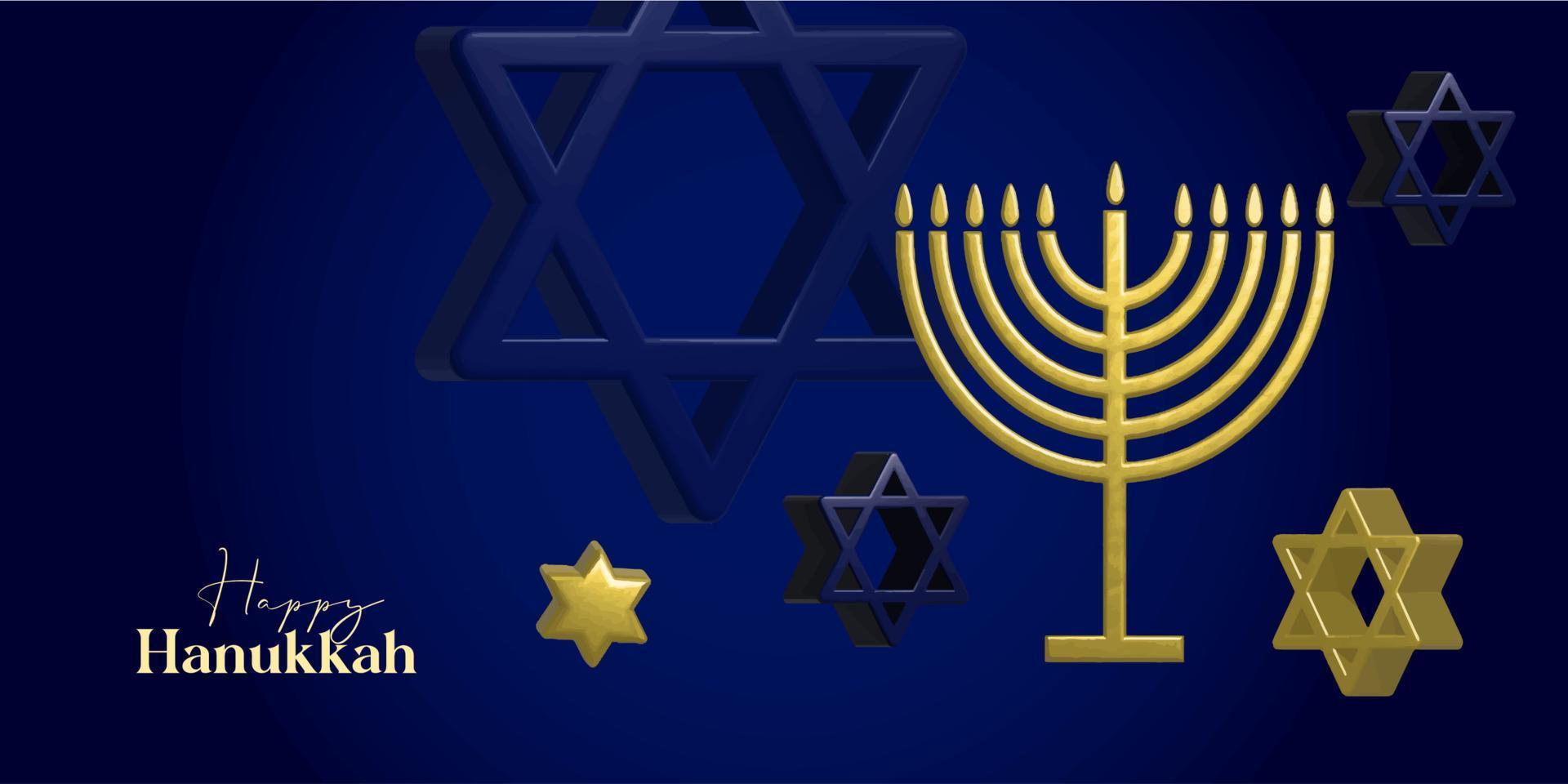 Happy Hanukkah card design with gold symbols on blue color background for Hanukkah Jewish holiday vector