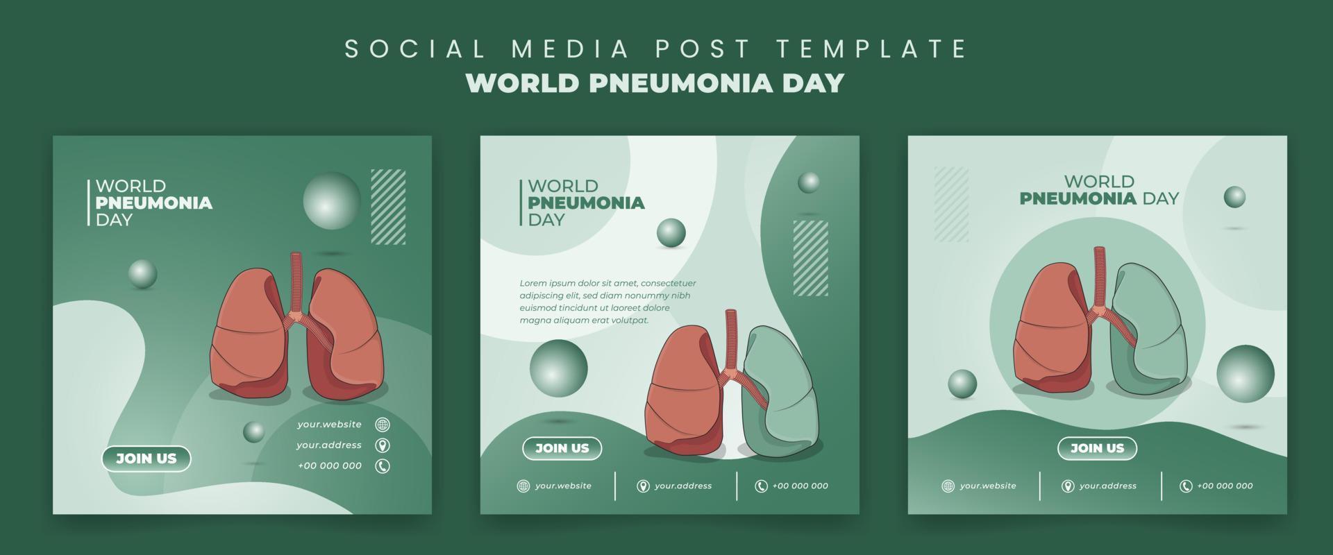 Set of social media post template with lungs design in green background design vector