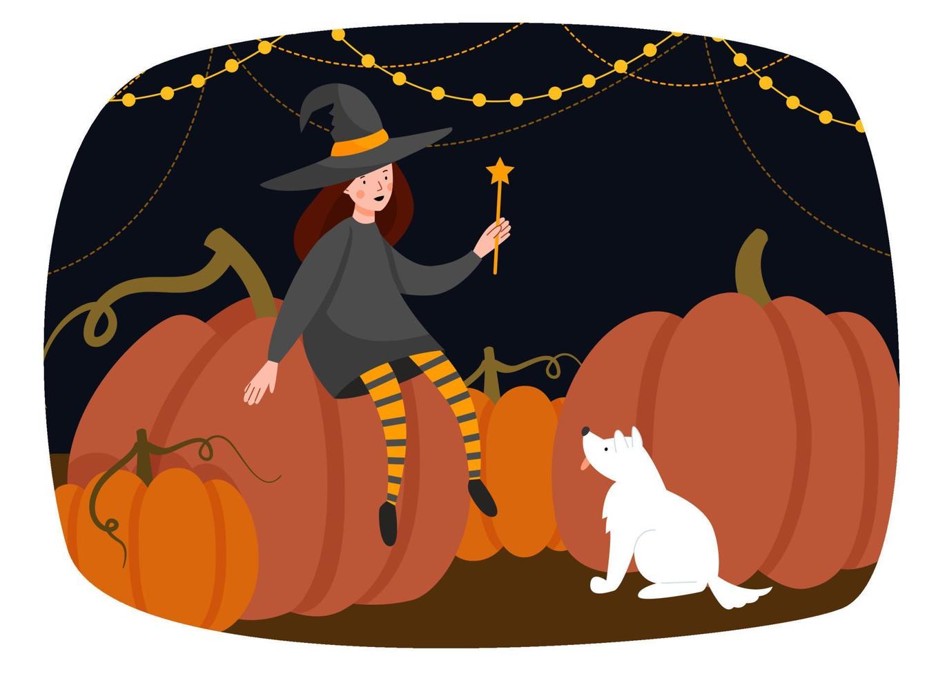 escena de halloween una niña vestida de bruja se sienta en una gran calabaza y juega con un perro. vector