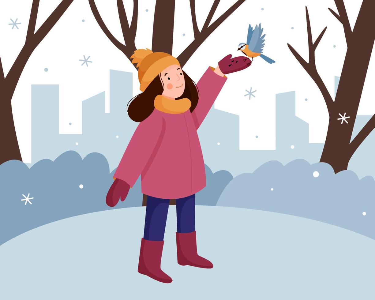 Cute little girl feeds the birds in the winter park. Winter landscape with snowy park, trees and city. vector