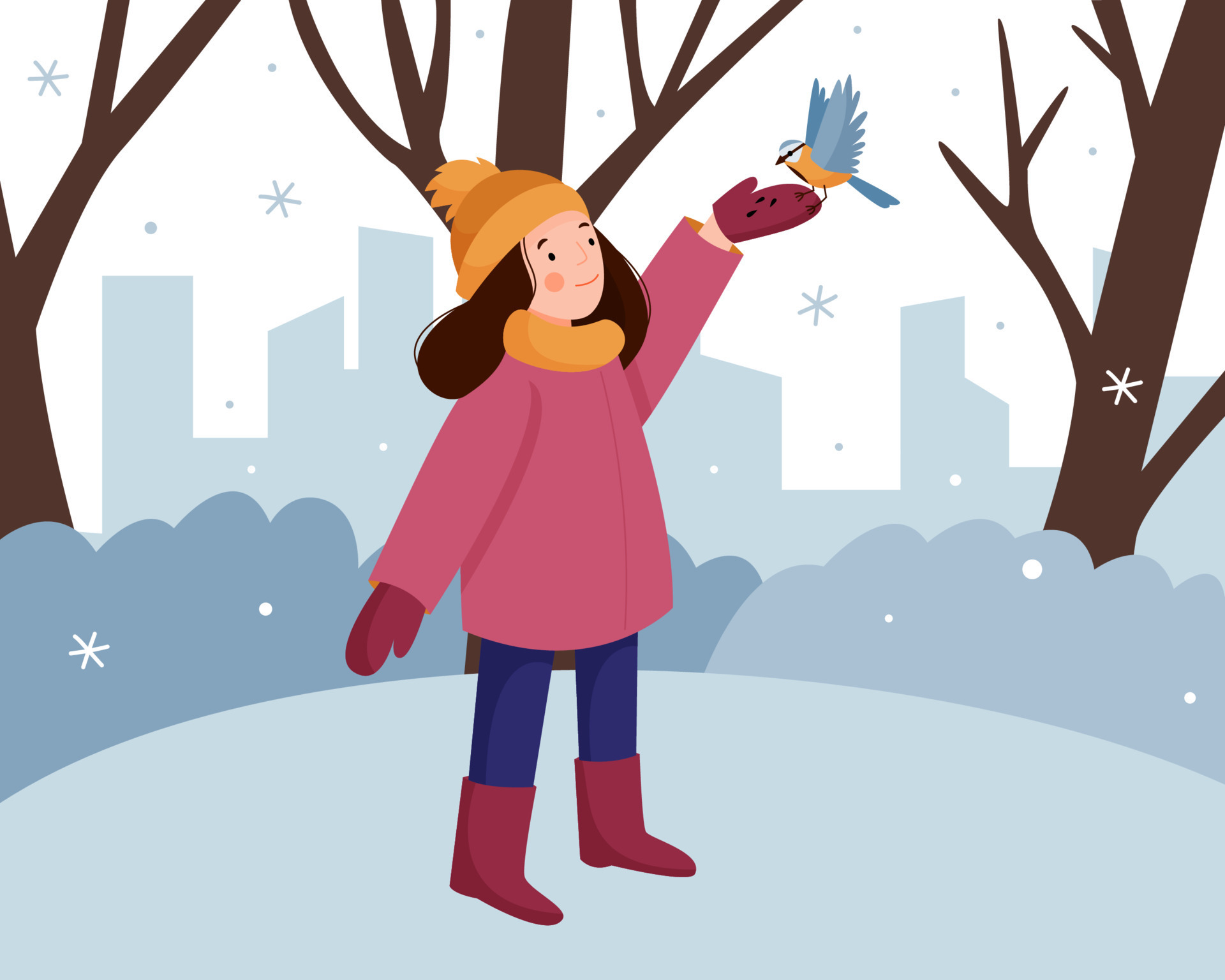 Cute little girl feeds the birds in the winter park. Winter landscape