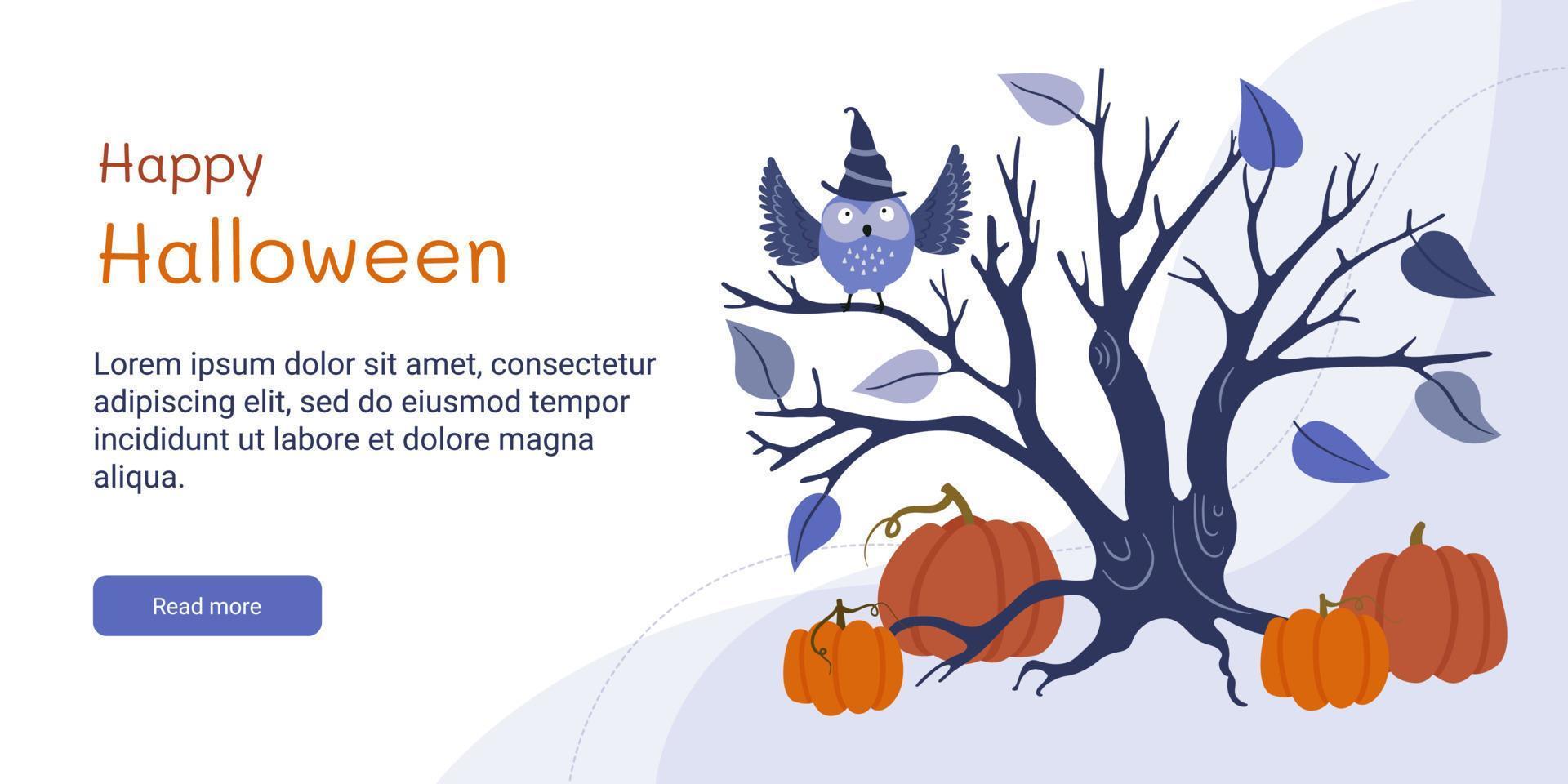 pancarta de halloween árbol aterrador con ramas, un búho y calabazas aisladas en un fondo blanco. vector