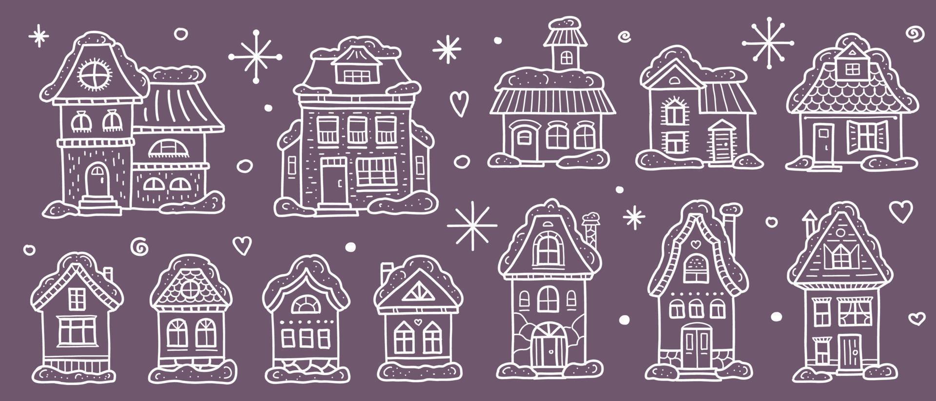 Night winter town. Cute houses snow-covered on a violet background. Linear clipart. Vector illustration. Doodle elements.