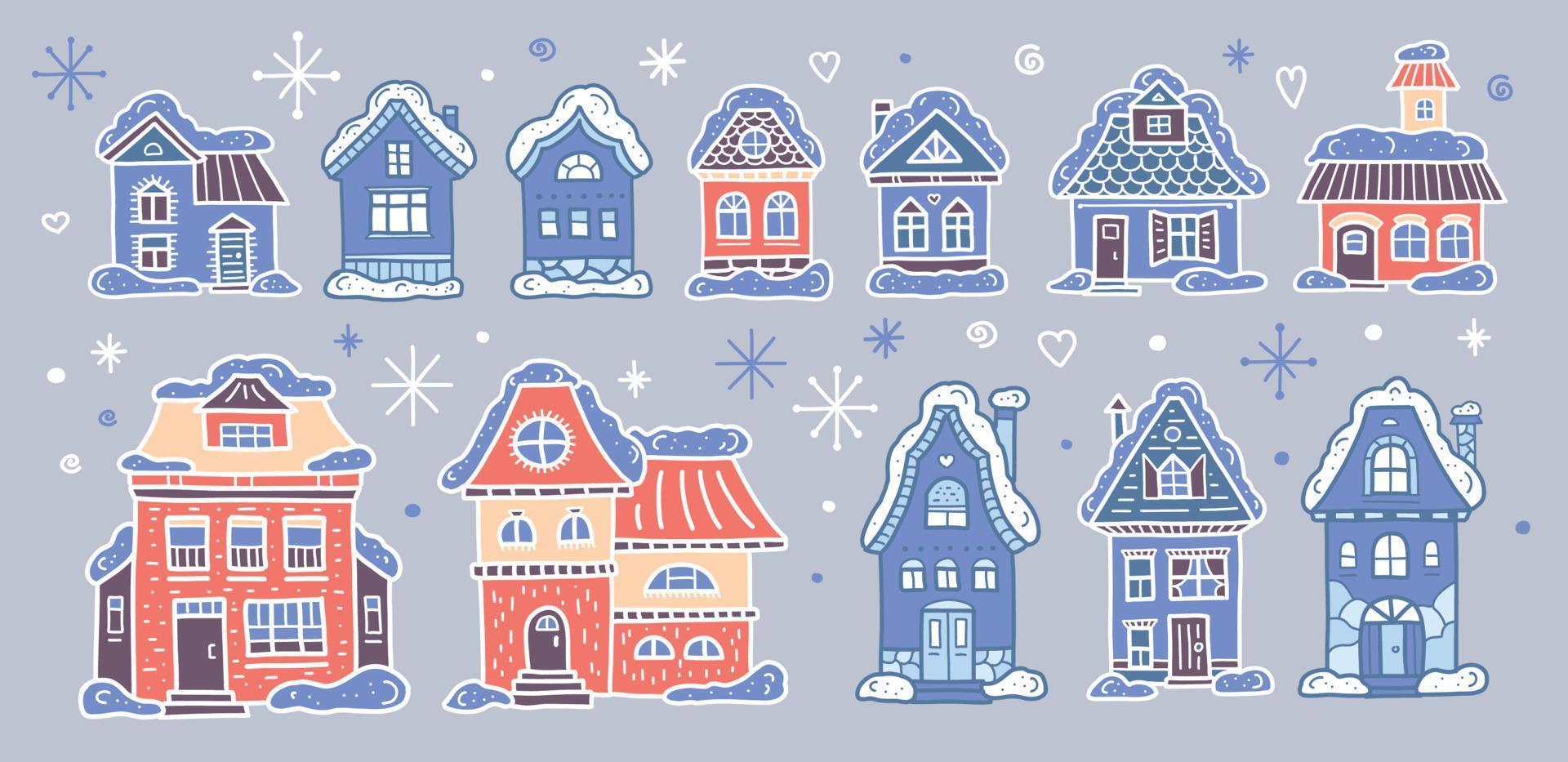 Winter illustration with cartoon buildings. Pink and blue houses in snowfall. Christmas home set. New year collection. Vector illustration.