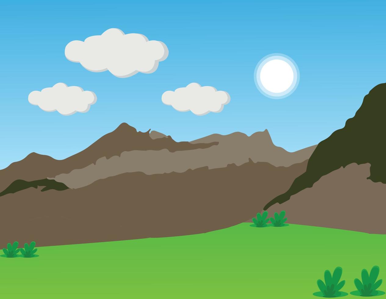 Cartoon mountain landscape with blue sky, sun and Clouds, green field. Meadows Grassland 2d cartoon Scene vector. hills look like Piramid. vector