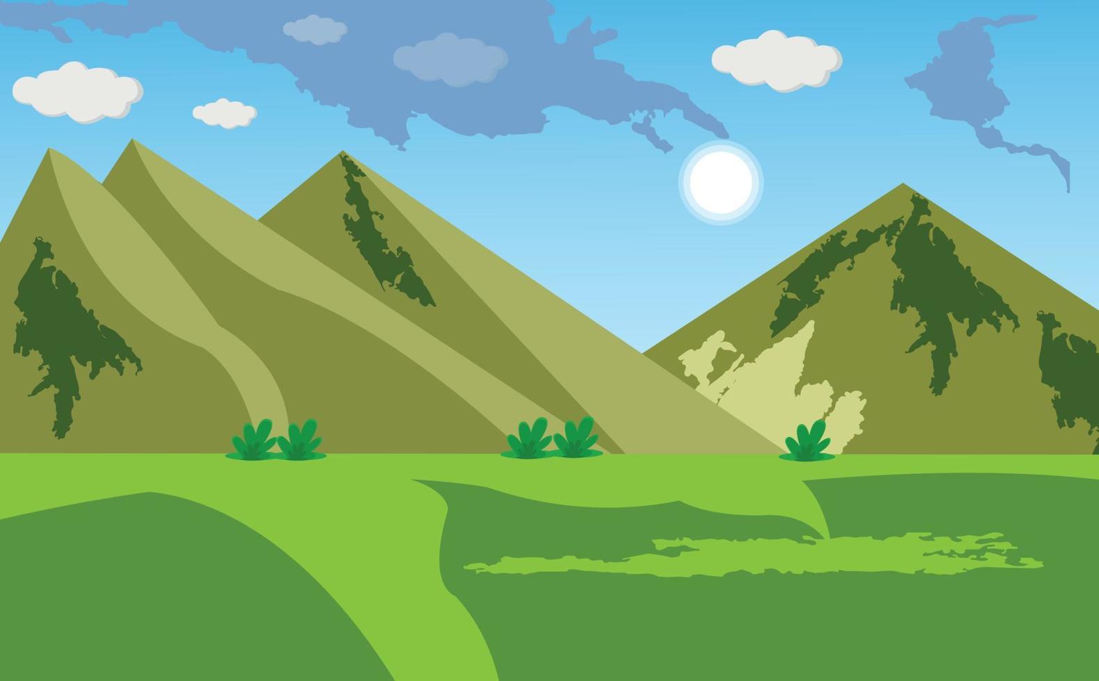 paisaje de montaña de dibujos animados con cielo azul, sol y nubes, campo verde. vector de escena de dibujos animados en 2d de pastizales de praderas. las colinas parecen pirámides.
