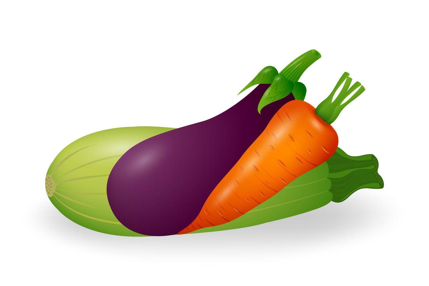 verduras aisladas sobre fondo blanco. zanahorias frescas, calabacines y berenjenas. día vegano. comida orgánica vegetariana. cosecha de hortalizas. ilustración vectorial vector