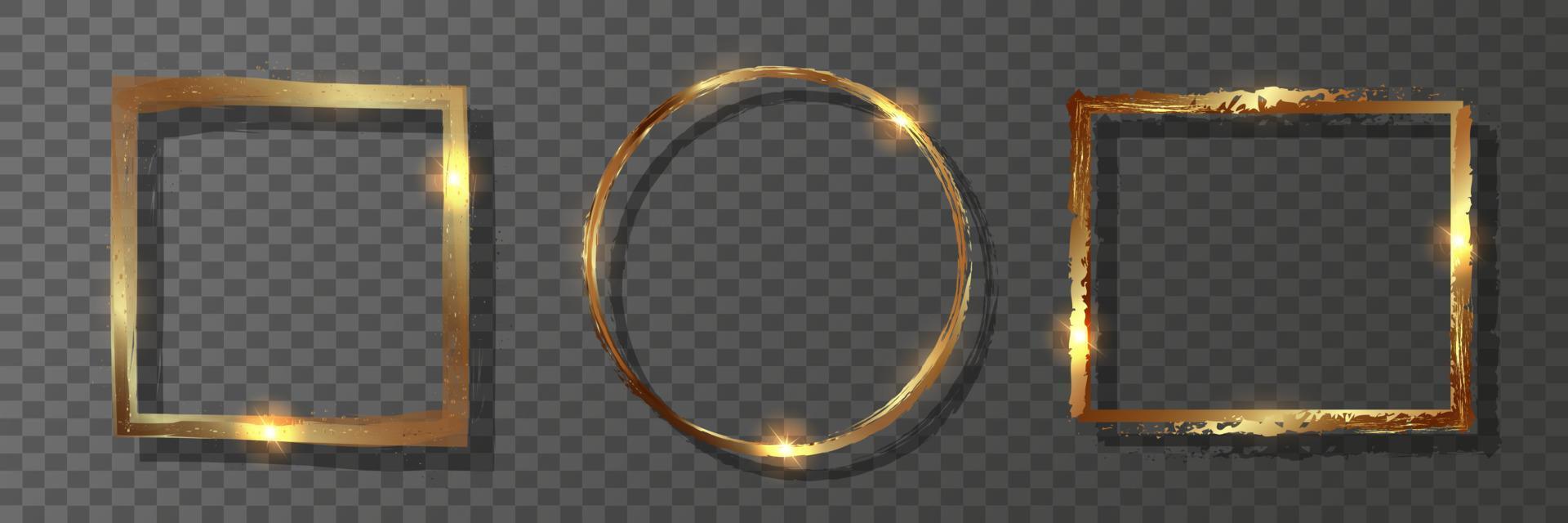 Shiny glowing golden frames. Decorative geometric metal frames made of gold. Transparent background. Vector illustration.