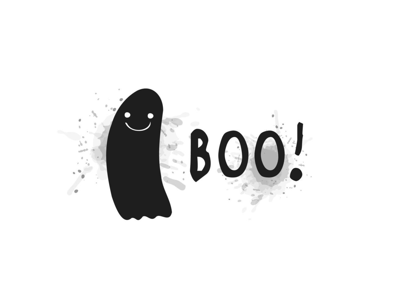 Halloween 2022 - October 31. Trick or treat. Vector hand-drawn doodle style. A cute ghost on a background of gray watercolor splashes with lettering. Boo.