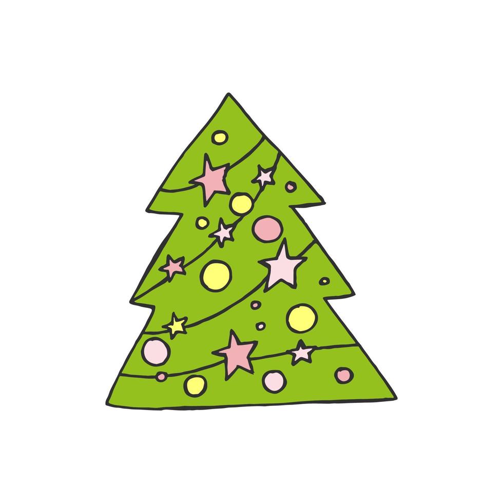 un árbol de navidad dibujado a mano. ilustración vectorial coloreada en estilo garabato. estado de ánimo de invierno. hola 2023. feliz navidad y próspero año nuevo. árbol verde con juguetes amarillos y rosas sobre un fondo blanco. vector