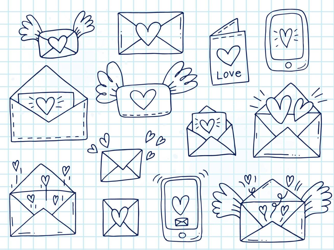 Set of cute hand-drawn doodle elements about love. Message stickers for apps. Icons for Valentines Day, romantic events and wedding. Checkered notebook. Envelopes with love letter and wings and phone. vector