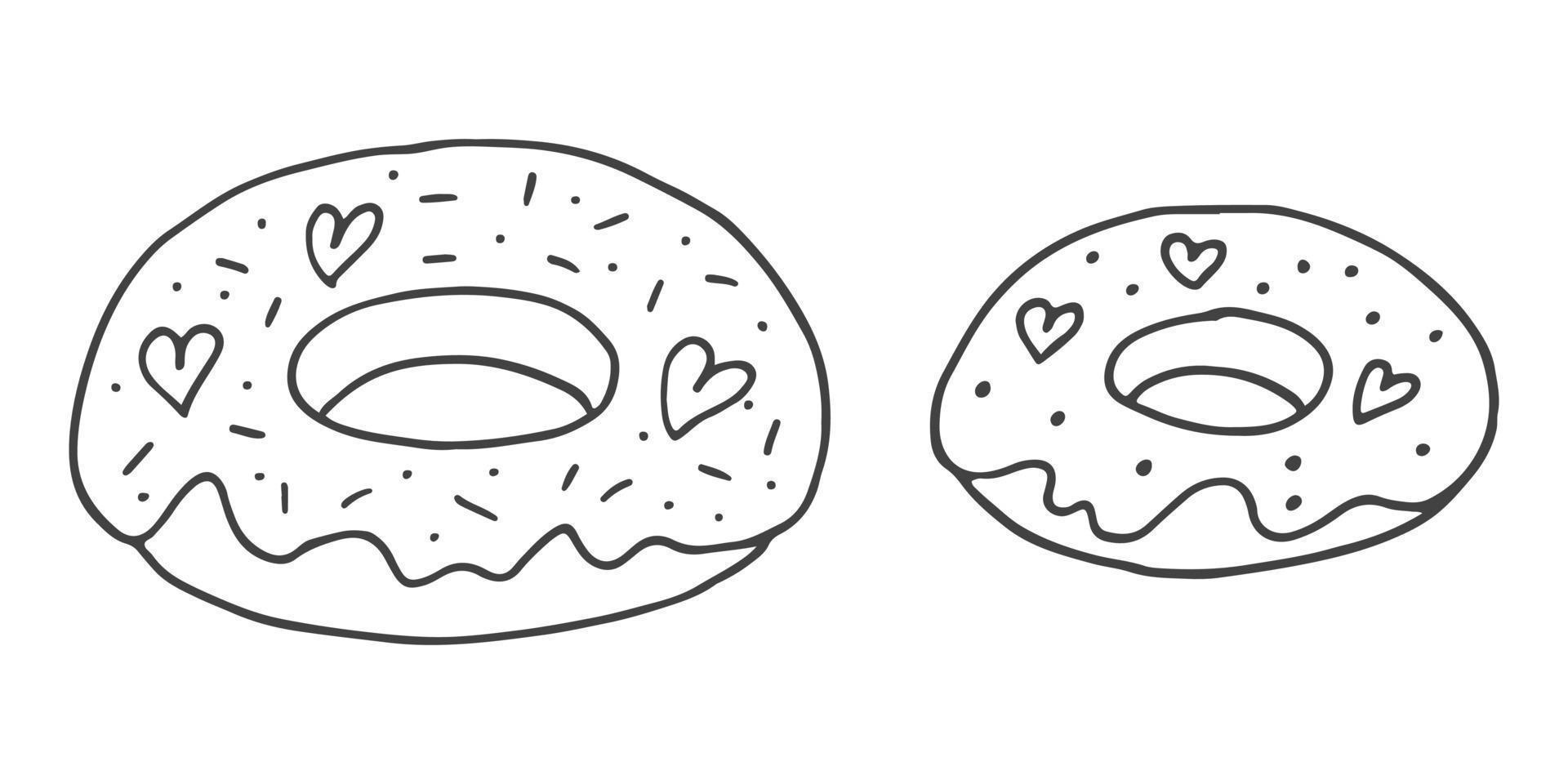 Set of cute hand-drawn doodle elements about love. Message stickers for apps. Icons for Valentines Day, romantic events and wedding. Doughnuts with hearts. vector