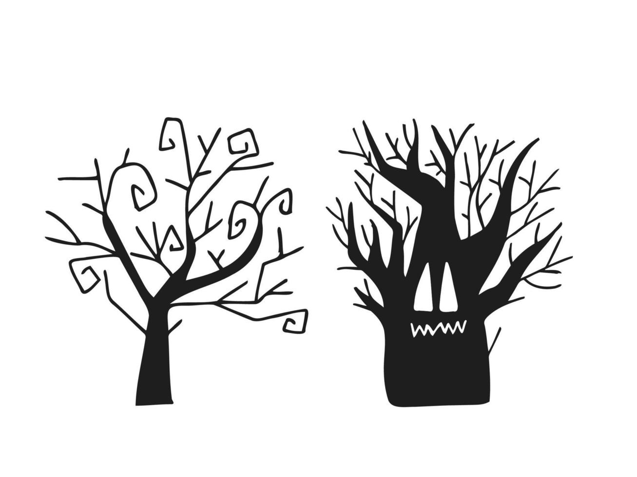 Halloween 2022 - October 31. A traditional holiday. Trick or treat. Vector illustration in hand-drawn doodle style. Set of silhouettes of scary trees.