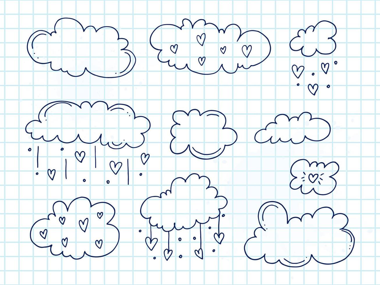 Set of cute hand-drawn doodle elements about love. Message stickers for apps. Icons for Valentines Day, romantic events and wedding. A checkered notebook. Clouds and rain from hearts. vector