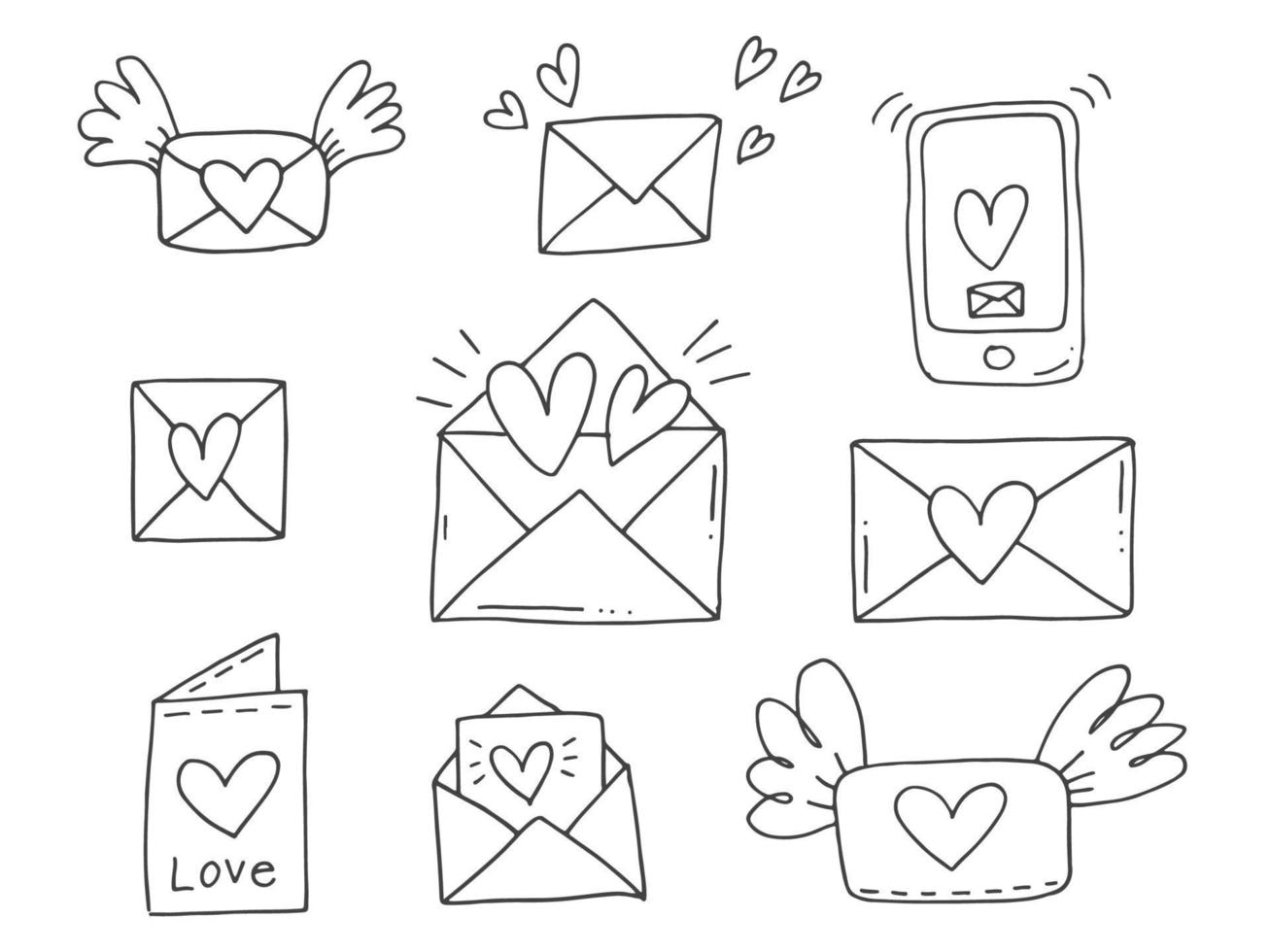 Set of cute hand-drawn doodle elements about love. Message stickers for apps. Icons for Valentines Day, romantic events and wedding. Envelopes with letters and wings and phone with message and heart. vector