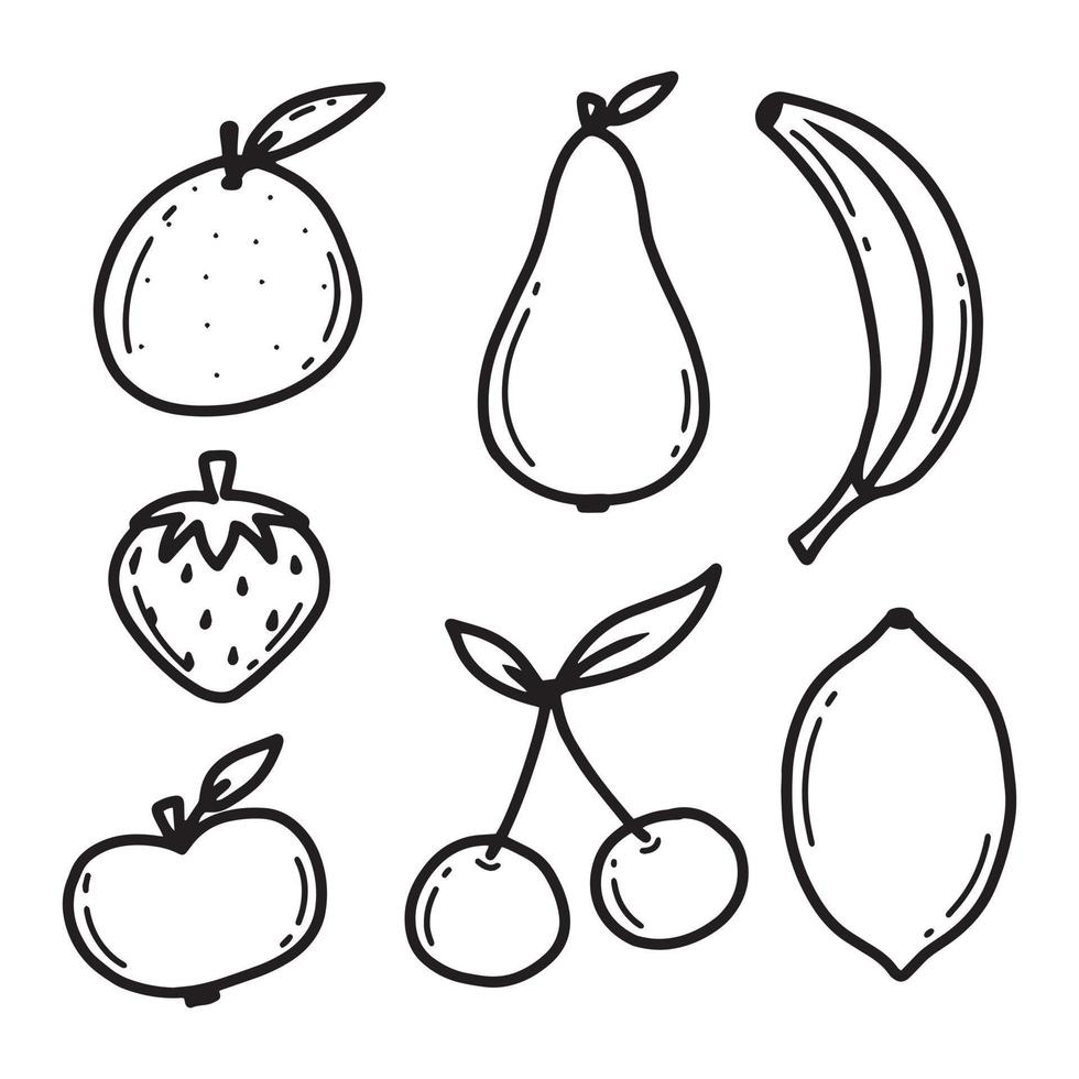 Fruit set. Doodle style. Collection of fruits apple, banana, pear, cherry, strawberry, lemon. Vector illustration. Drawn fruits.
