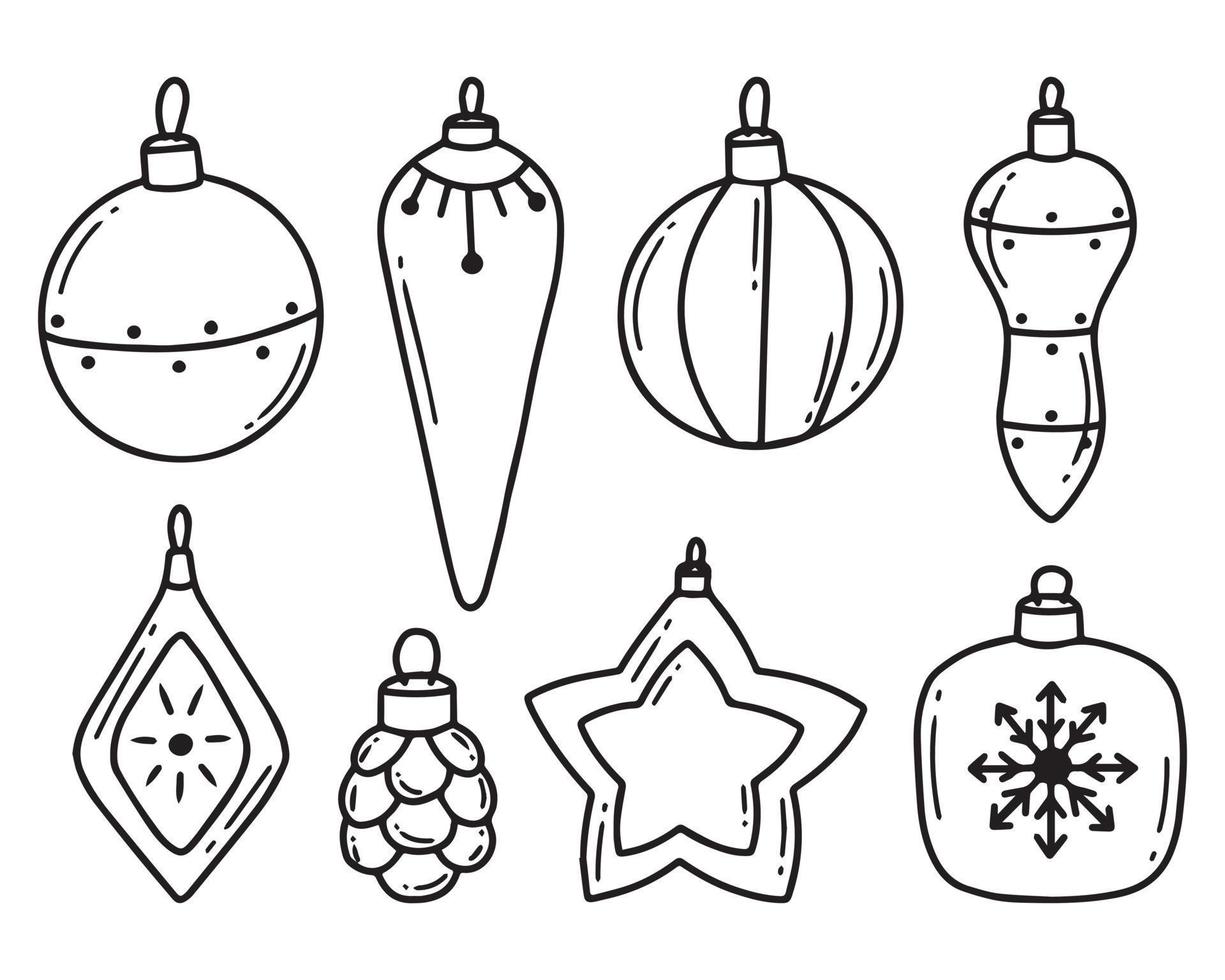 conjunto de adornos navideños. Decoraciones de navidad. estilo garabato. ilustración vectorial colección de adornos navideños para el árbol de navidad. vector