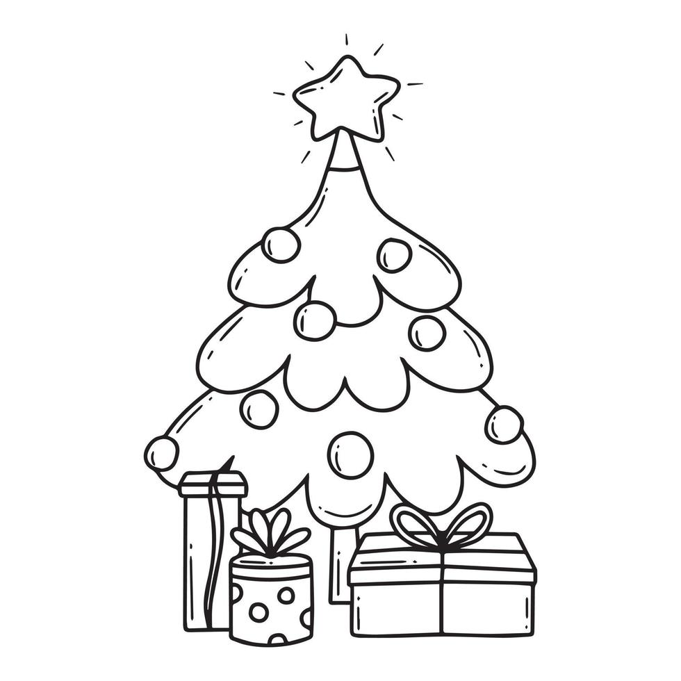 Coloring book with Christmas tree and gifts. Children's coloring book. Doodle style. Vector illustration of a Christmas tree with gifts.