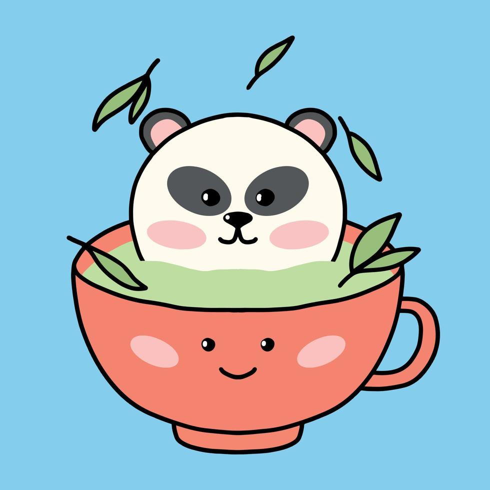 Tea drinking concept. Cute panda in a mug of tea. Kawaii style. Vector illustration.