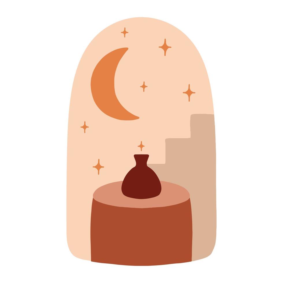 Islamic window and arch poster in oriental style with modern boho style design, moon, stars. Vector illustration.