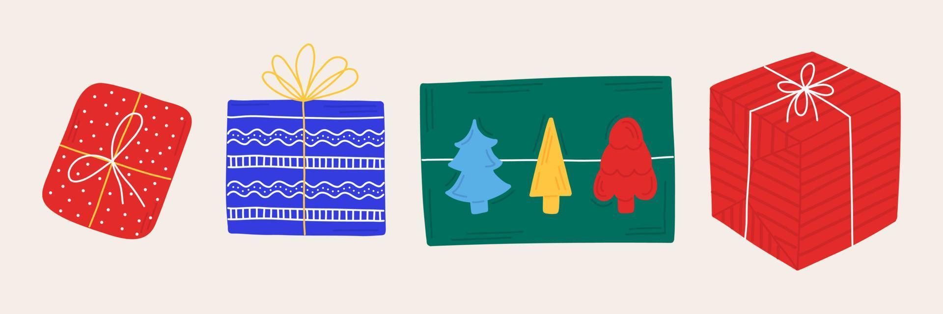 año nuevo establece regalos de navidad y regalos en estilo dibujado a mano con adorno. iconos aislados, pegatinas, elementos para el diseño de folletos, postales, carteles, invitaciones. vector