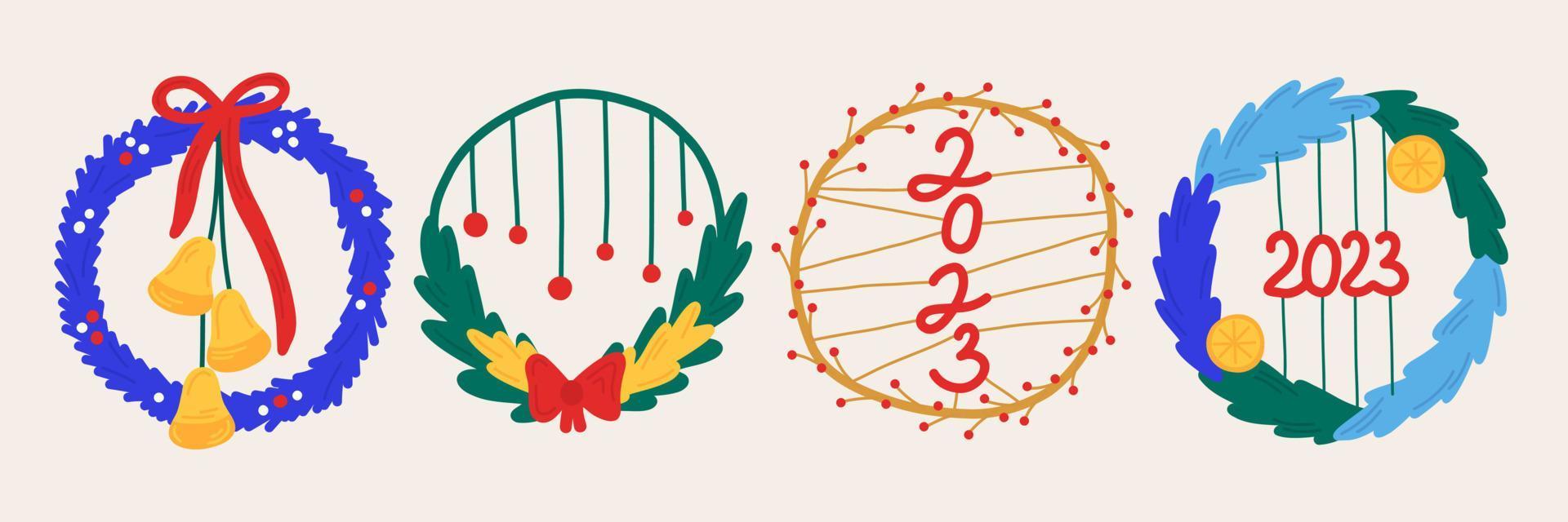 año nuevo establece corona de navidad en estilo dibujado a mano con adorno. iconos aislados, pegatinas, elementos para el diseño de folletos, postales, carteles, invitaciones. vector