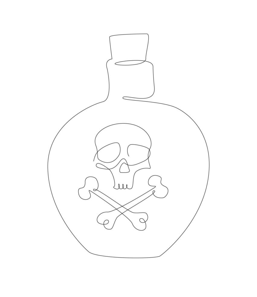 Poison bottle with death head single line. Danger drink with a skull line art. Halloween element outline. vector