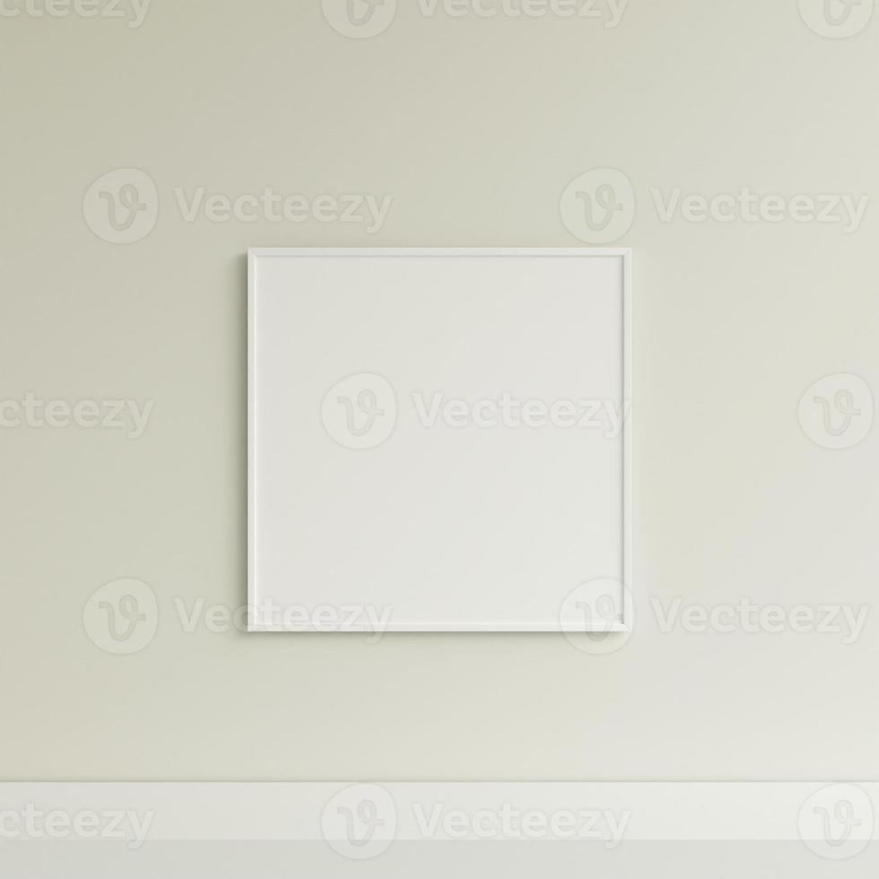 Clean and minimalist front view square white photo or poster frame mockup hanging on the wall. 3d rendering.