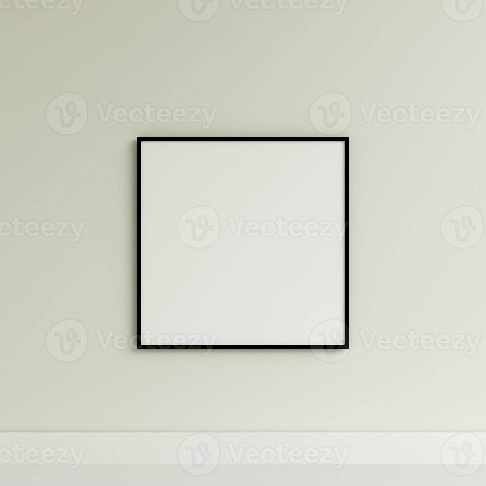 Clean and minimalist front view square black photo or poster frame mockup hanging on the wall. 3d rendering.