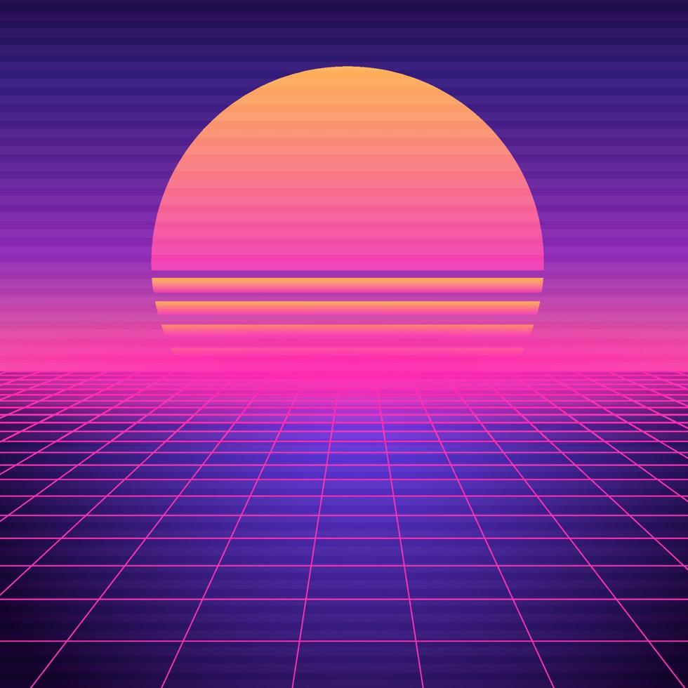 Retro futuristic background vaporwave. Neon geometric synthwave grid, light  space with setting sun abstract cyberpunk design purple 80s disco fantastic  vector graphic glow. 12706126 Vector Art at Vecteezy