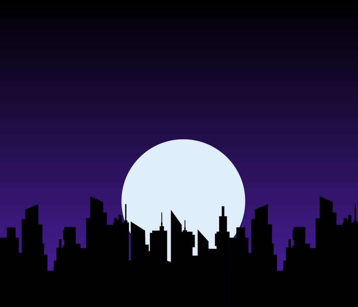 Night moon over city skyscrapers. Silhouettes black panoramic cityscape on dark vector landscape background.
