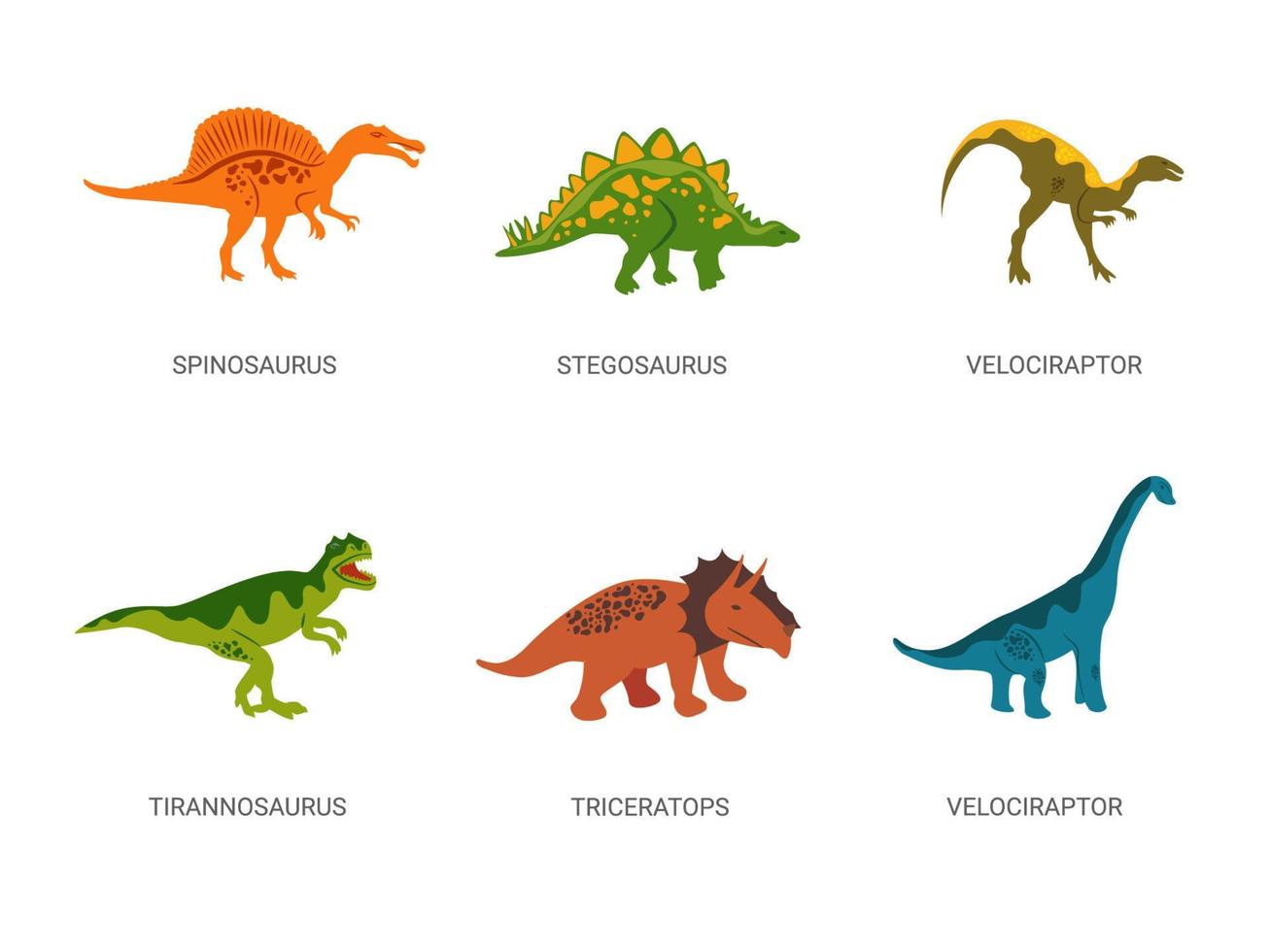 Dinosaurs from Jurassic period. Powerful red spinosaurus with green herbivorous stegosaurus. vector