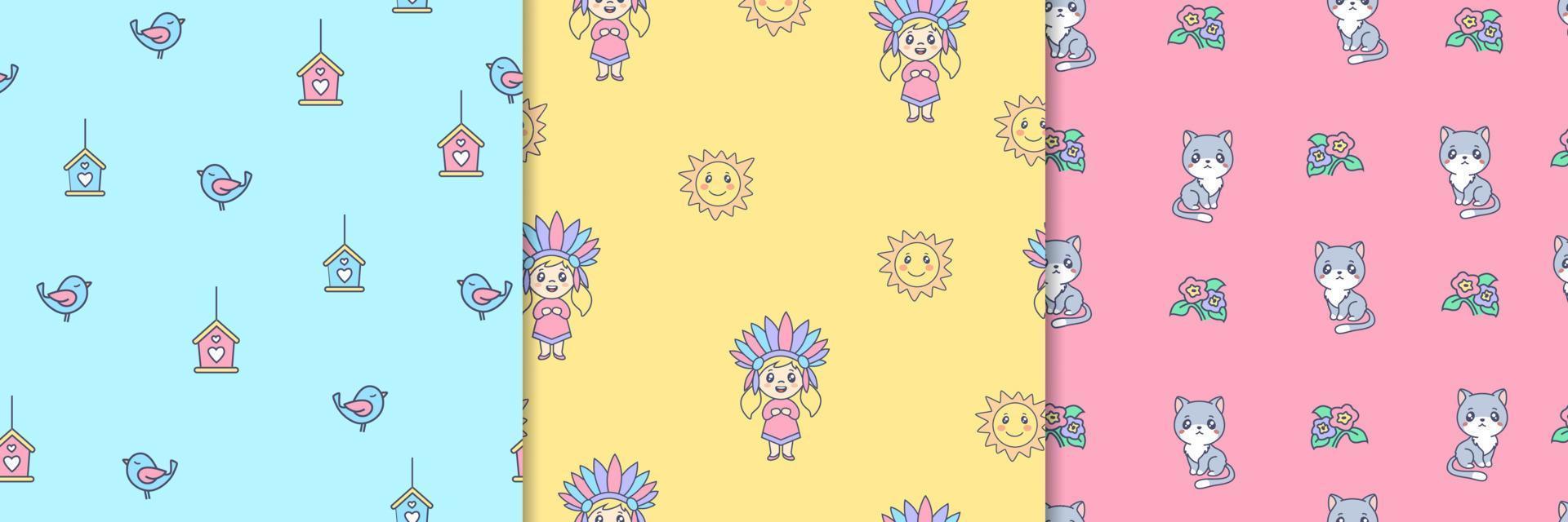 Kids summer sketches seamless pattern. Blue bird with pink birdhouse with heart Indian girl. vector