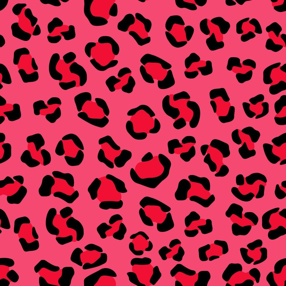 patrón sin costuras de camuflaje rosa tigre. puntos carmesí de pantera con contornos de jaguar negro en un esquema de color vectorial de leopardo rojo vivo. vector