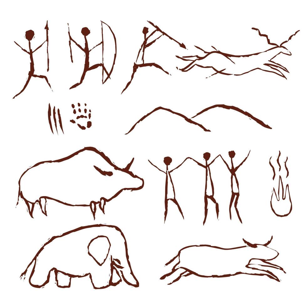 Rock painting cave old art symbol hand drawn vector illustration. Prehistoric animal and traditional primitive people hunting ornament isolated on white background