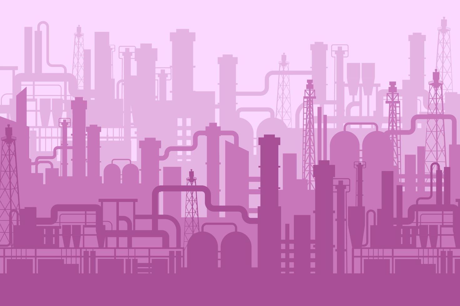 Cartoon factory manufacturing industrial plant scenery background. Futuristic pink manufacture design silhouette backdrop. Abstract building and construction exterior machinery engineering innovation vector