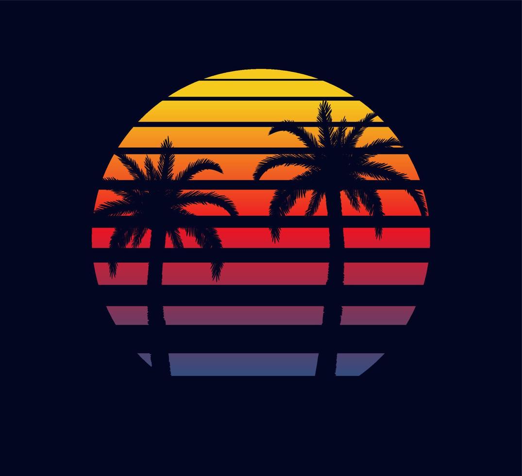 puesta de sol retro rojo púrpura. dos palmeras contra el fondo de un sol poniente abstracto en un diseño electrónico de ondas sintéticas al estilo de 80 rejillas musicales fantásticas de paisaje vectorial futurista. vector