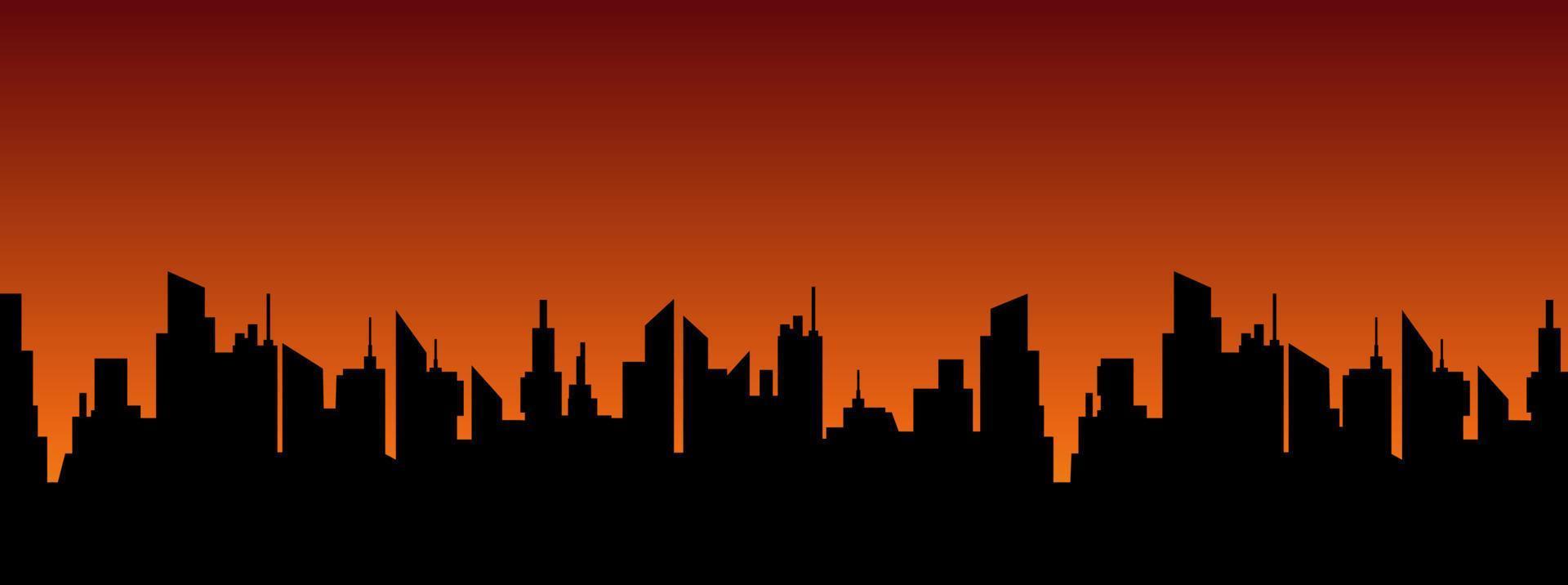 paisaje de la ciudad contra el sol poniente. siluetas de rascacielos panorámicos negros sobre fondo de puesta de sol de vector naranja oscuro.
