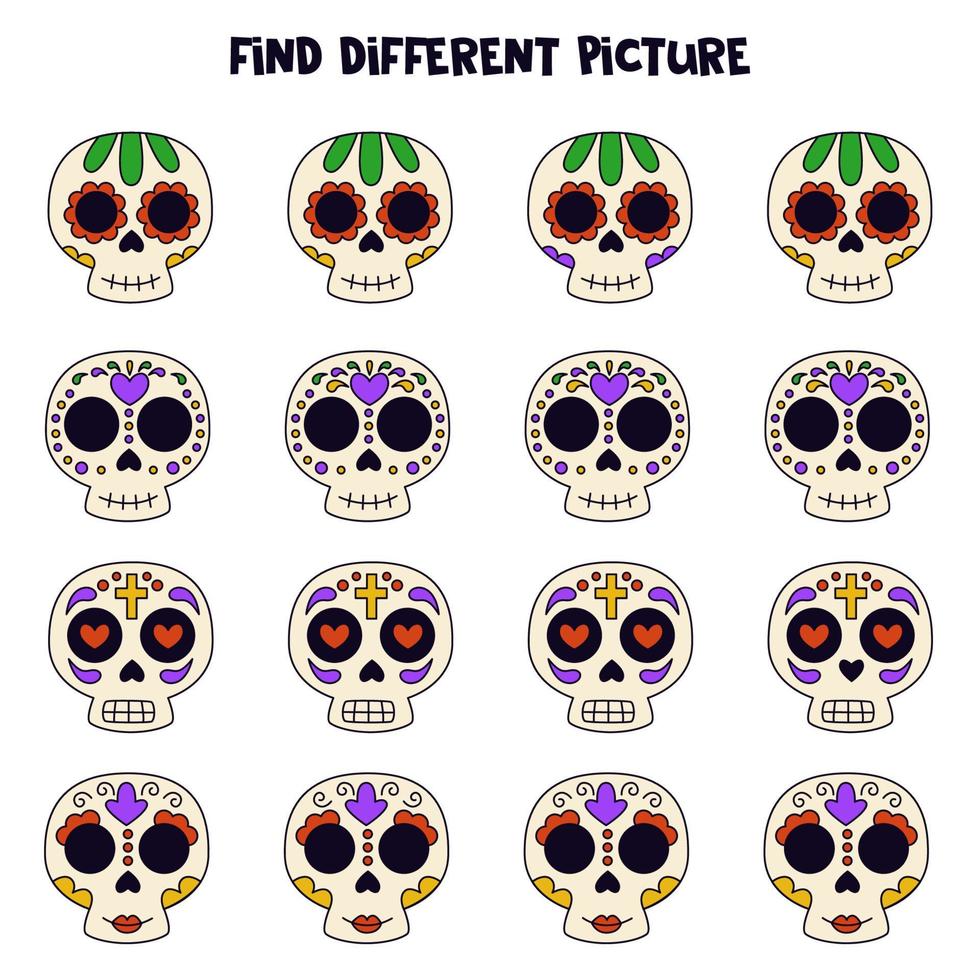 Find skull which is different from others. Worksheet for kids. vector