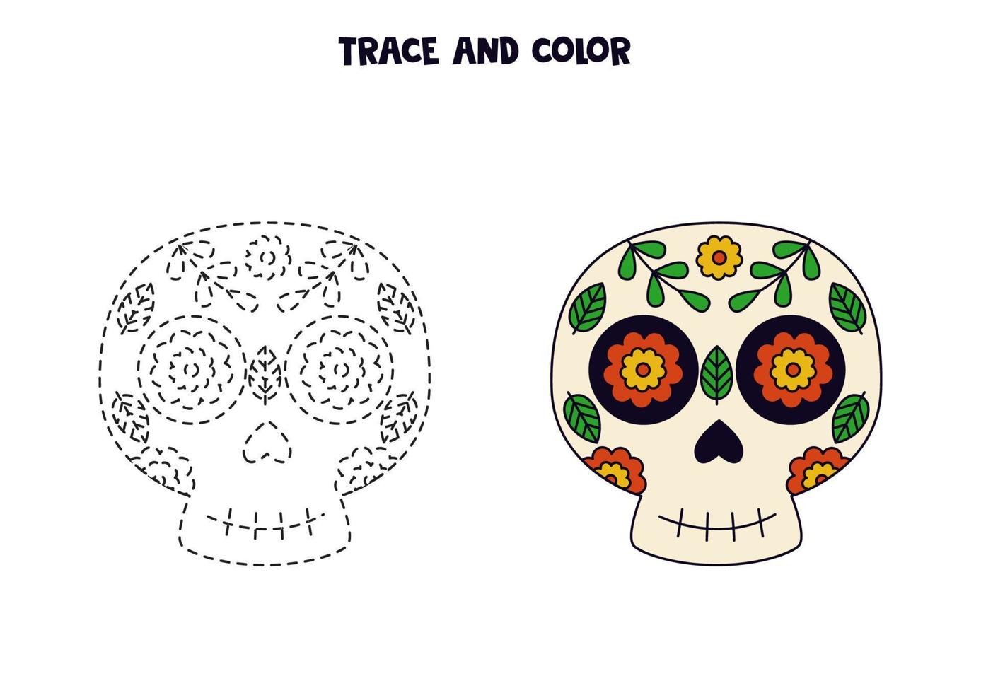 Trace and color cute hand drawn Mexican skull. Worksheet for children. vector