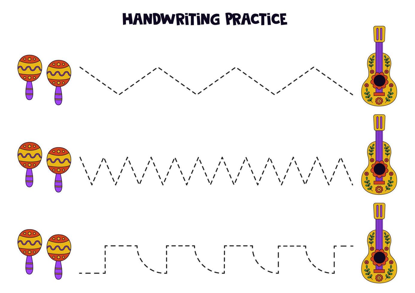 Tracing lines for kids. Hand drawn maracas and guitar. Writing practice. vector