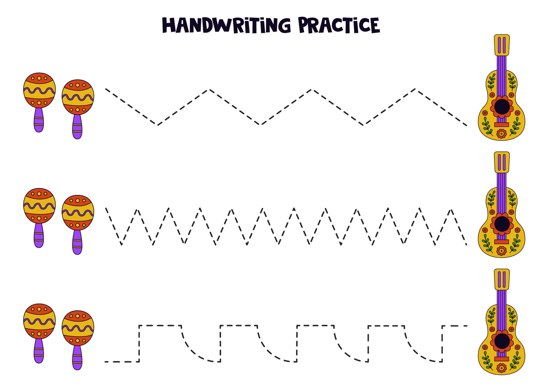 Tracing lines for kids. Hand drawn maracas and guitar. Writing practice