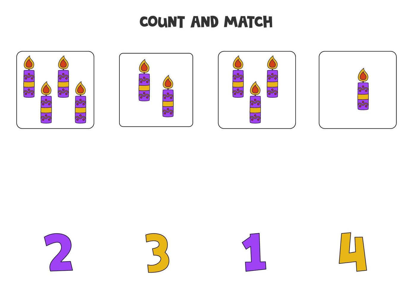 Counting game for kids. Count all candles and match with numbers. Worksheet for children. vector