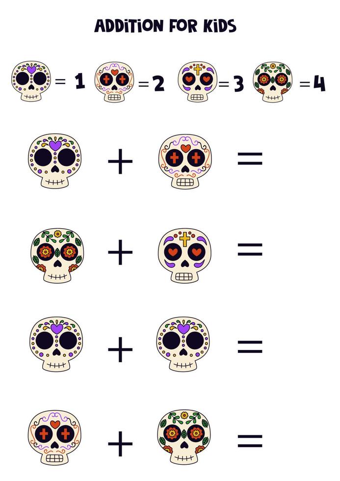 Addition for kids with different cute Mexican skulls. vector