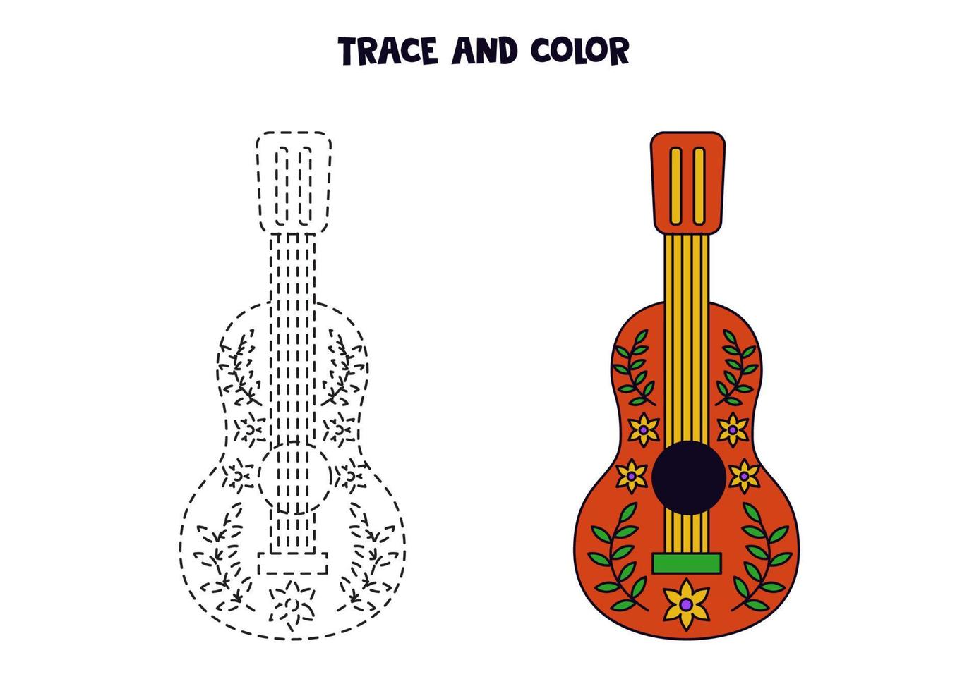 Trace and color cute hand drawn Mexican guitar. Worksheet for children. vector